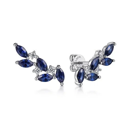 Ladies sterling silver earrings-14K White Gold Diamond and Blue Sapphire Olive Branch Climber Earrings