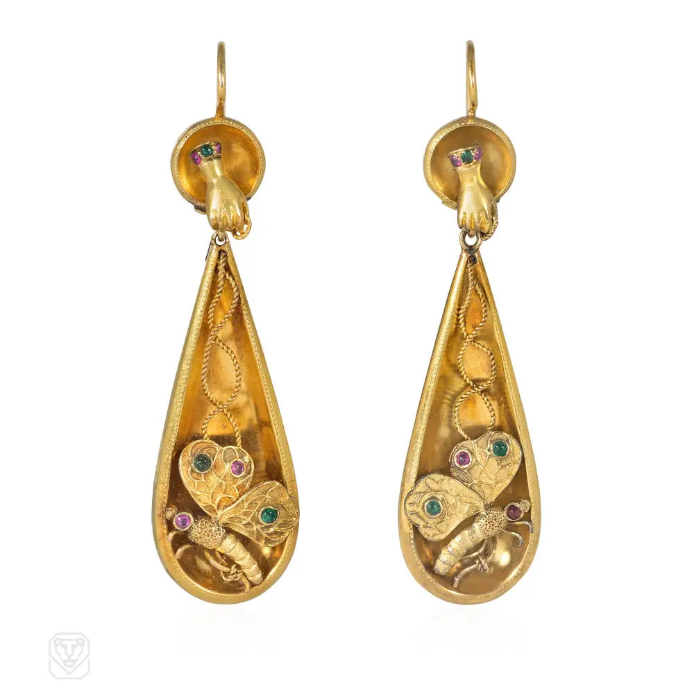 Ladies diamond hoop earrings-Georgian antique multigem insect earrings