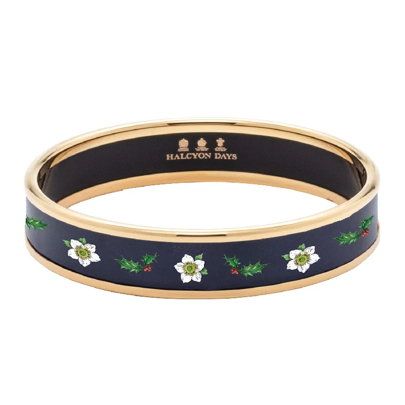 Ladies silver cuff bracelets-Christmas Hellebores Navy & Gold Enamel Bangle