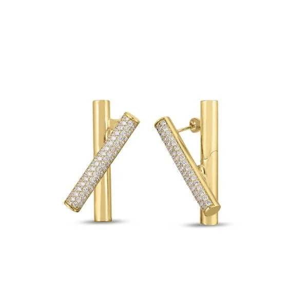 Ladies antique earrings-18K YELLOW GOLD DOMINO DIAMOND CROSSOVER EARRINGS