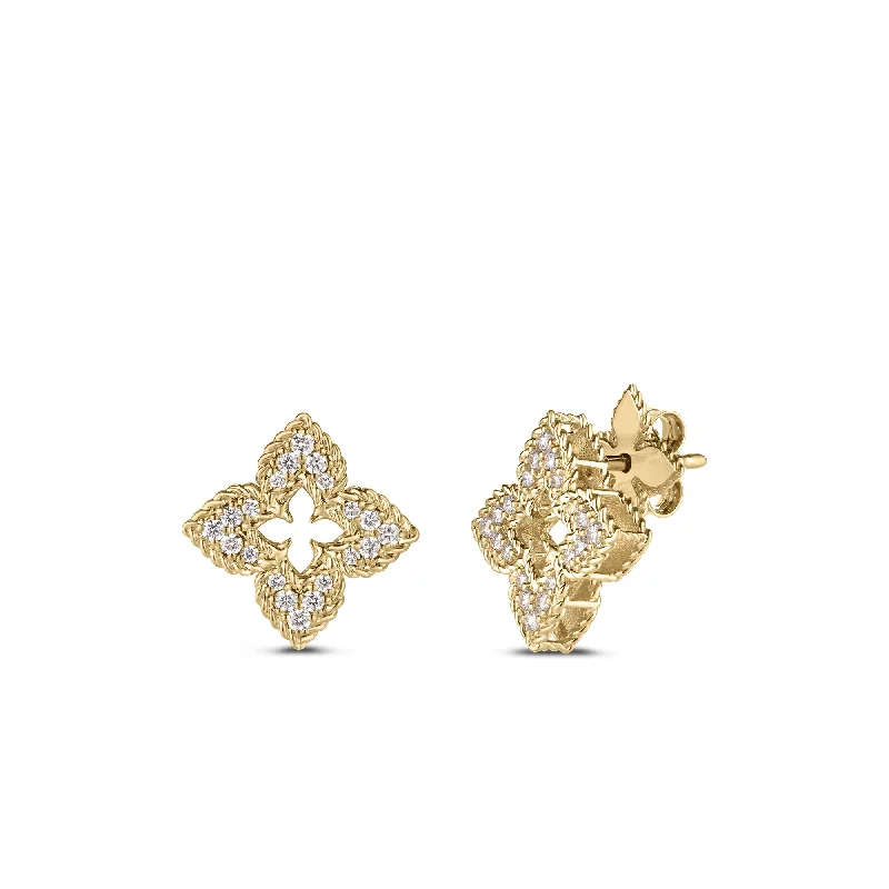 Ladies gold drop earrings-18K YELLOW GOLD VENTIAN PRINCESS SMALL DIAMOND PAVE FLOWER STUD EARRINGS