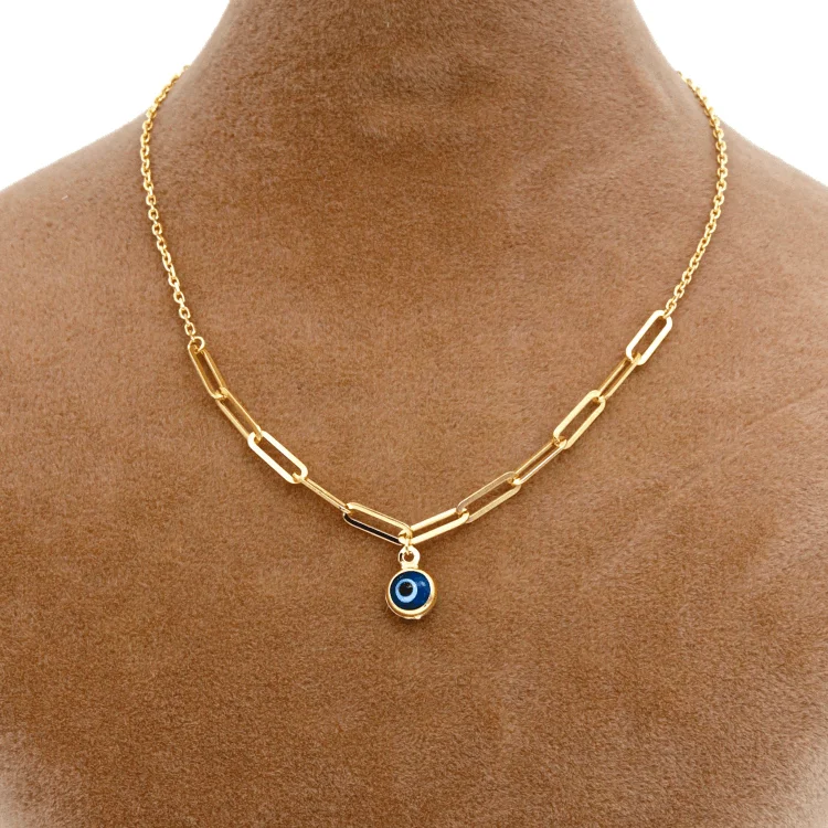 Ladies fine necklaces-Real Gold Paper Clip Chain Evil Eye Dangler Charms Necklace (40 CM) 1448 N1448