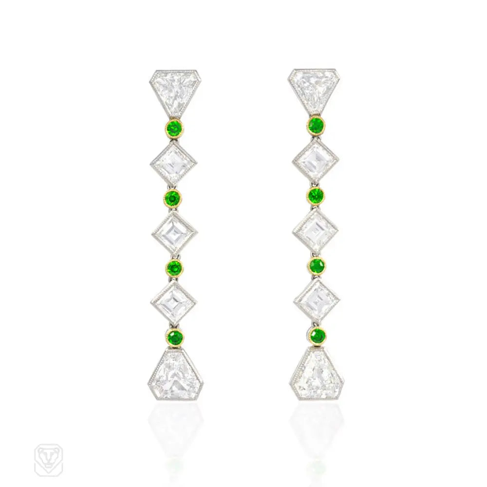 Ladies statement hoop earrings-Art Deco diamond and demantoid garnet earrings, Black Starr & Frost