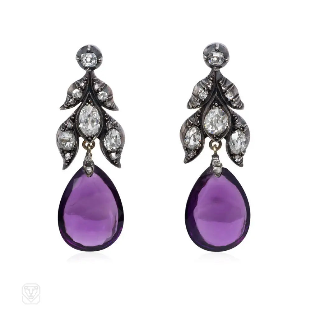 Ladies luxury earrings-Antique diamond and amethyst drop earrings