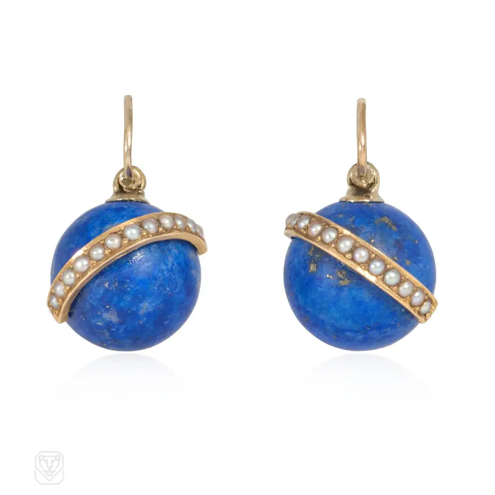 Ladies silver hoop earrings-Antique lapis and pearl earrings