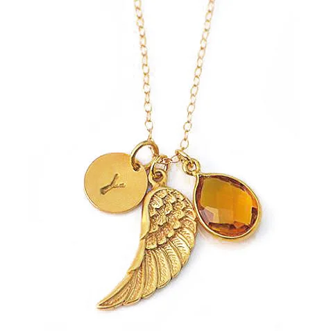 Ladies pendant necklaces-Personalized Angel Wing Natural Birthstone necklace