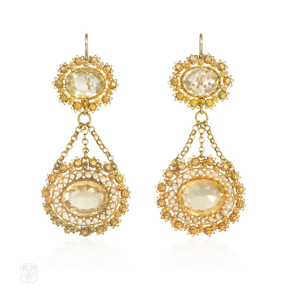 Ladies gold dangle earrings-Antique gold, citrine, and seed pearl cannetille earrings