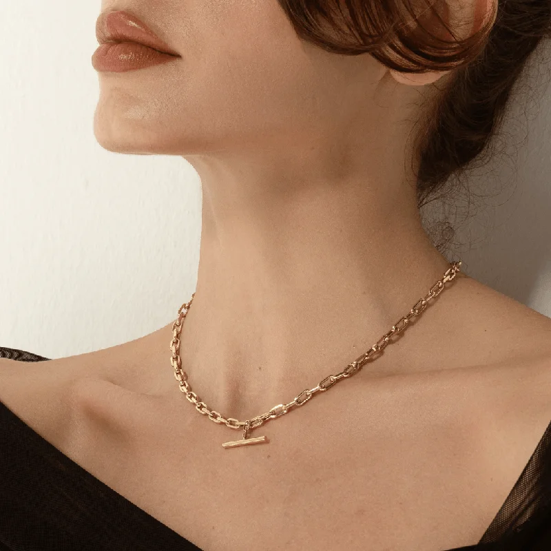 Ladies silver heart necklaces-Real Gold Willow T-Bar Rod Hanging with Thick Solid Paper clip Link Necklace 1850 N1416