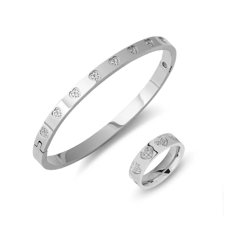 Ladies luxury bracelets-Zirconia hearts bangle & ring silver