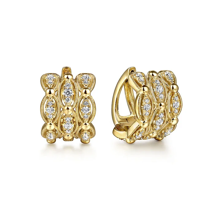 Ladies gold pearl earrings-14K Yellow Gold Bujukan Multi Row Diamond Huggie Earrings