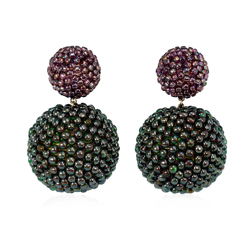 Ladies lightweight earrings-Glass beaded ball earrings in light plum and green-red