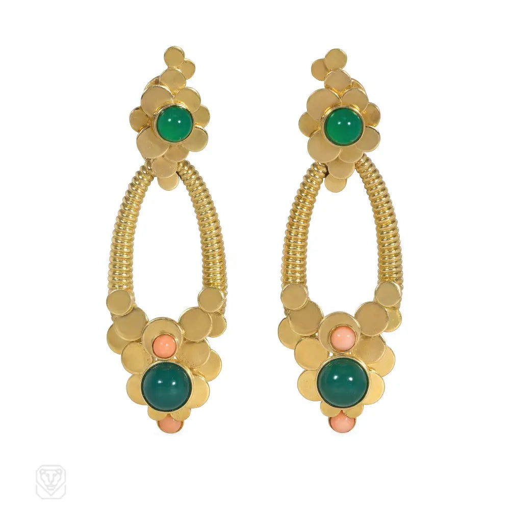 Ladies pearl and gold earrings-Péry & Fils day-to-night doorknocker earrings with chrysoprase and coral