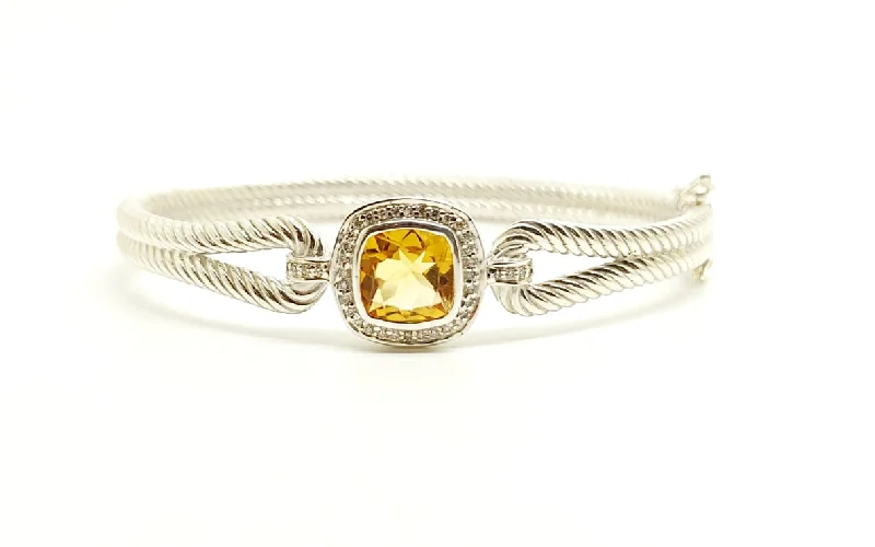 Ladies bohemian-style bracelets-TWO-ROW BANGLE CITRINE WITH DIAMONDS(92.5 S. SILVER)