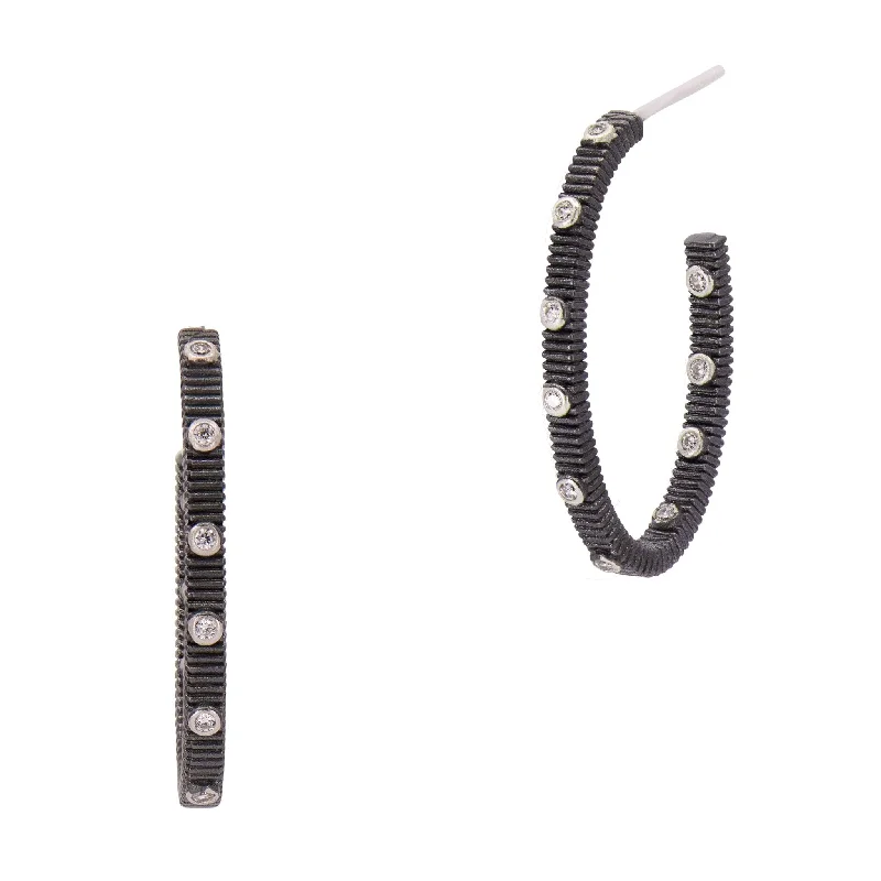 Ladies luxury earrings-Industrial Finish Ribbed Metro Hoop Earrings