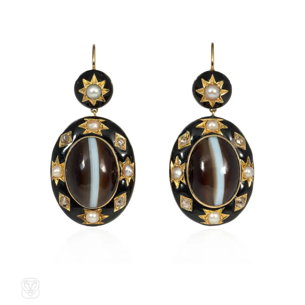 Ladies crystal earrings-Antique enamel and banded agate pendant earrings