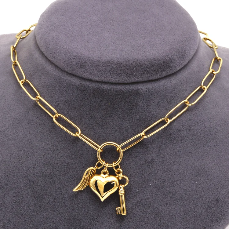 Ladies delicate necklaces-Real Gold Paper Clip Chain Necklace with 3D Heart Key and Wings Charms (40 C.M) 1404 N1450