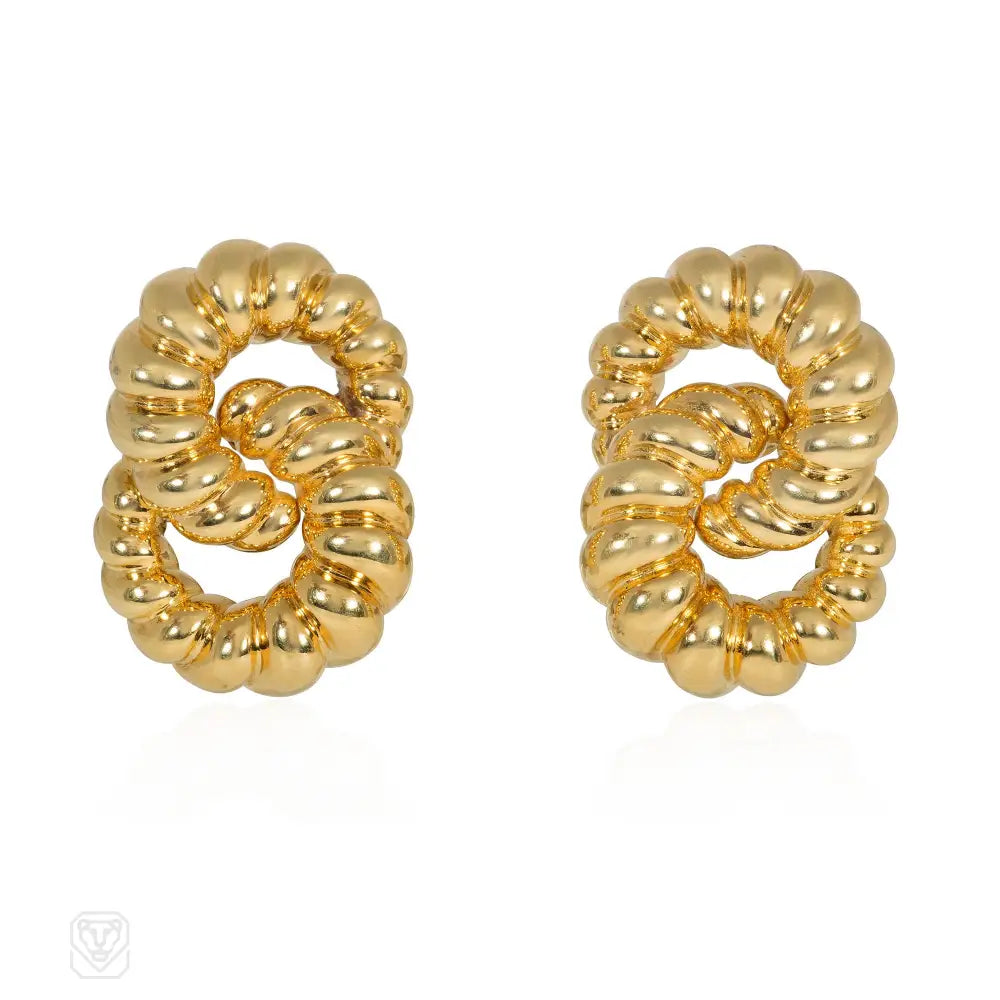 Ladies chandelier earrings-1970s French double hoop gold earrings