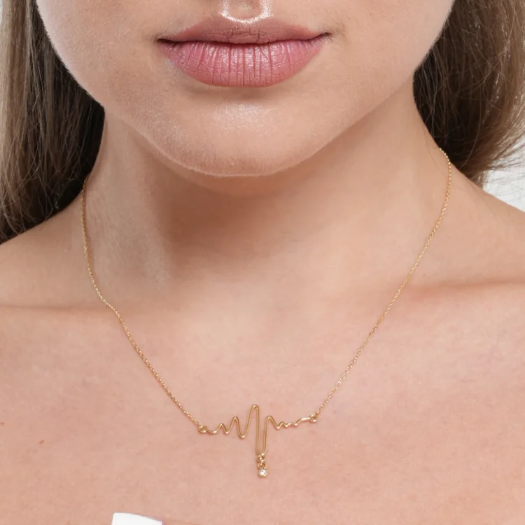 Ladies religious necklaces-Real Gold Heart Beat with Stone Adjustable Size Necklace - Model 0028 N1433