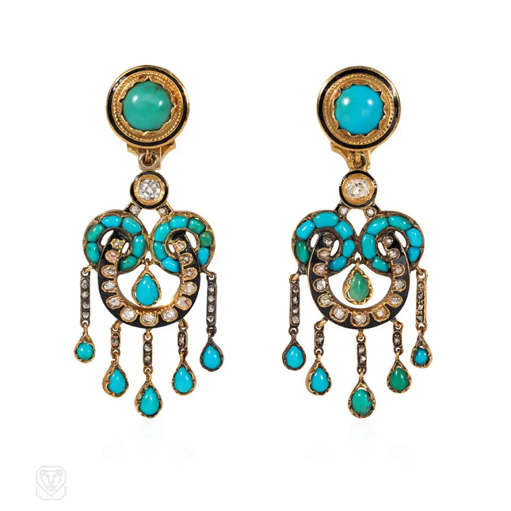 Ladies bohemian-style earrings-Antique French turquoise and diamond earrings