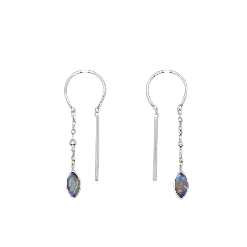 Ladies rose gold earrings-Bezeled Stone Dancer Threaders in Labradorite & Silver - Bottom Stone