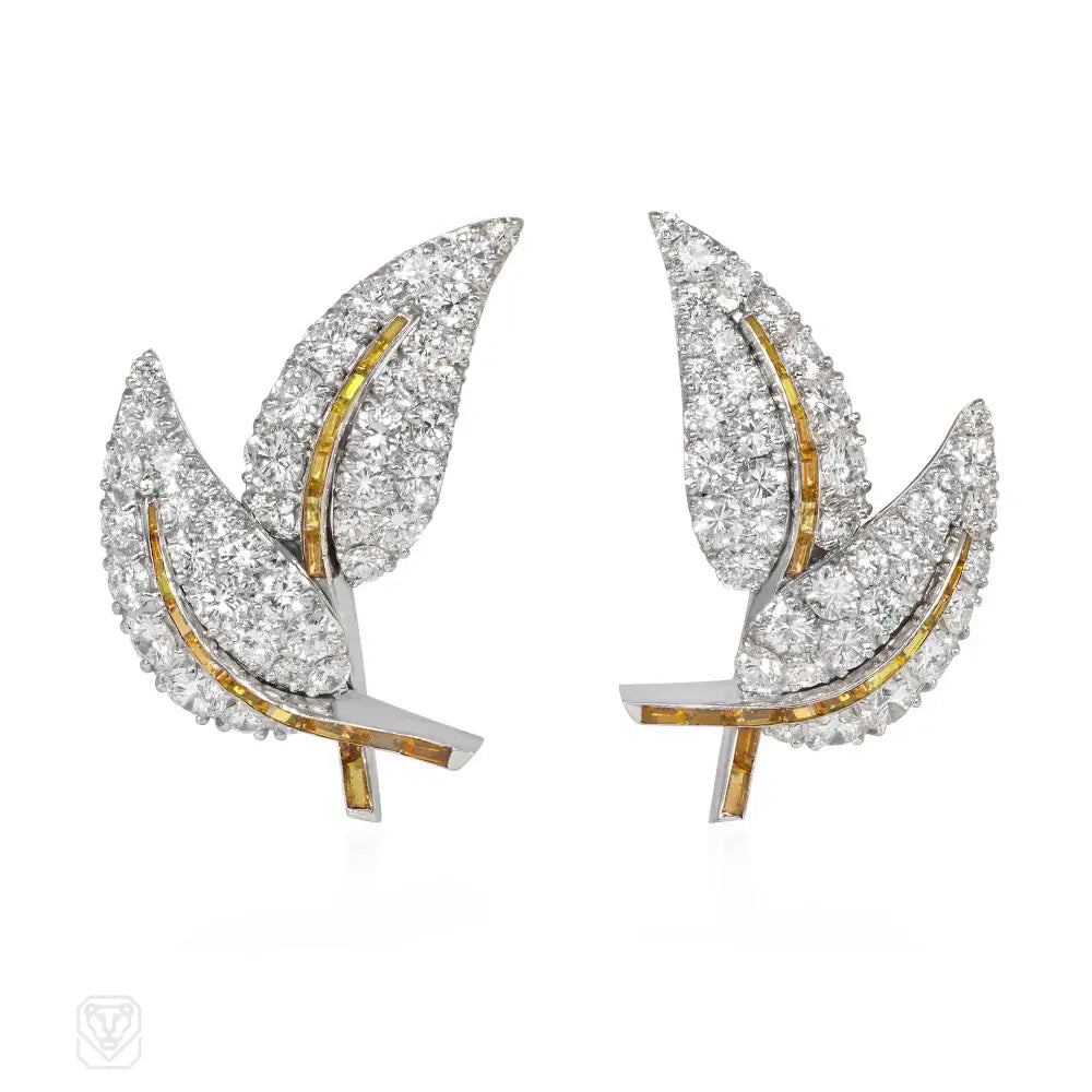 Ladies heart-shaped earrings-Mid-century interchangeable diamond leaves earrings