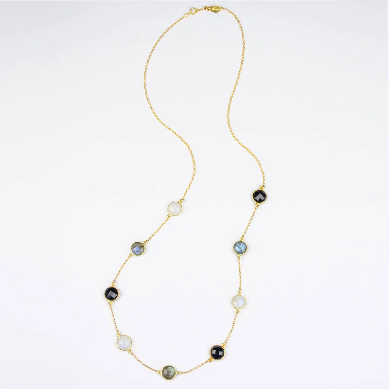 Ladies statement jewelry necklaces-Long Labradorite, Moonstone and Black Onyx bezel station necklace