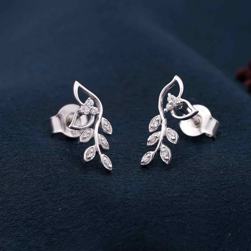 Ladies stud earrings-Silver Lush Leaf Stud Earrings