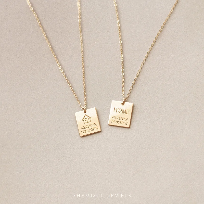 Ladies meaningful necklaces-Home necklace with customized coordinates, no place like home, personalized moving away gift, Unisex, Gold Filled, Silver • nbv13x11