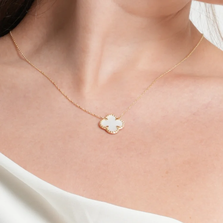 Ladies minimalist pendant necklaces-Real Gold Large Pearl White Clover Necklace GZJVN1808 N1471