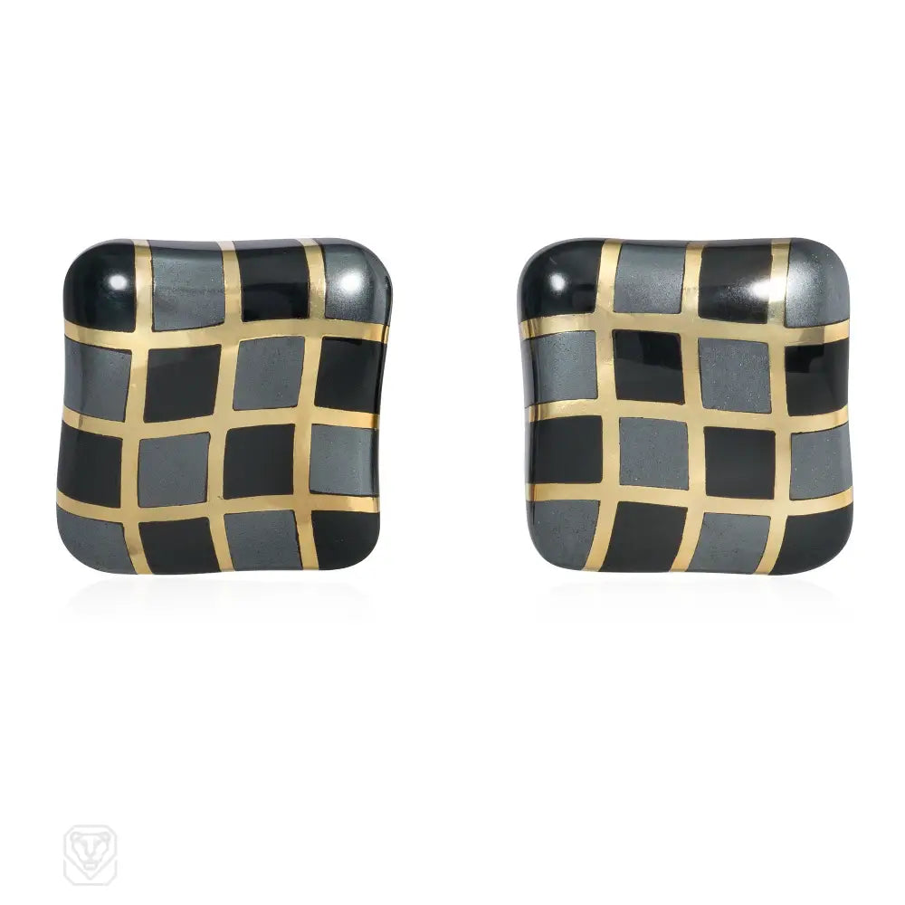 Ladies diamond drop earrings-Angela Cummings gold and inlaid black jade and hematite earrings