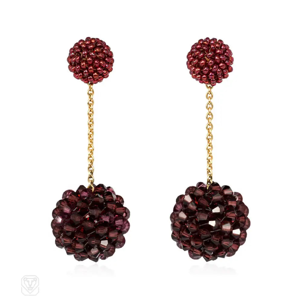 Ladies vintage-style earrings-Handmade double ball earrings in dark plum and burgundy