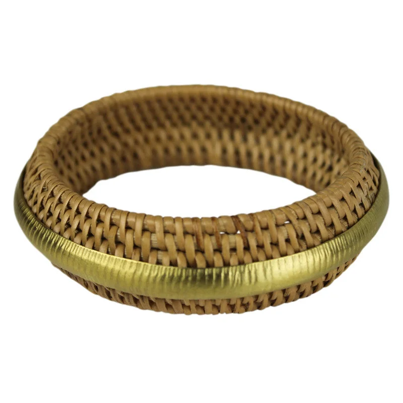 Ladies gemstone bracelets-Biscayne Rattan Bangle with Brass Band