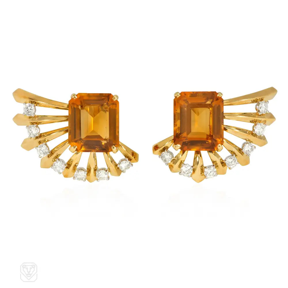 Ladies sapphire earrings-Cartier Retro gold, diamond, and citrine earrings