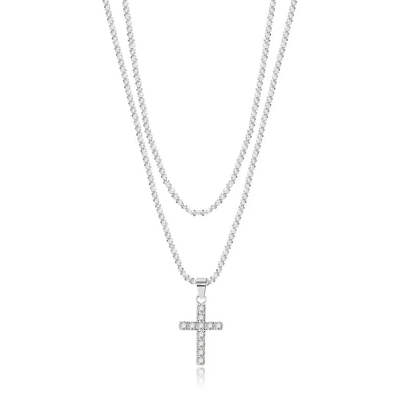 Ladies antique necklaces-Double Chain Cross Necklace 925 Sterling Silver