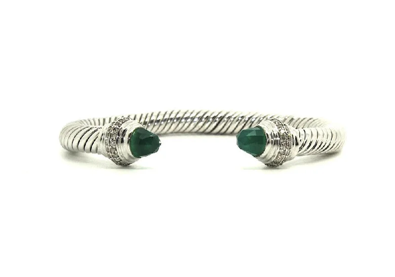 Ladies simple tennis bangles-Twisted Rope Wire Bangle-Green Onyx & Diamond(7mm)