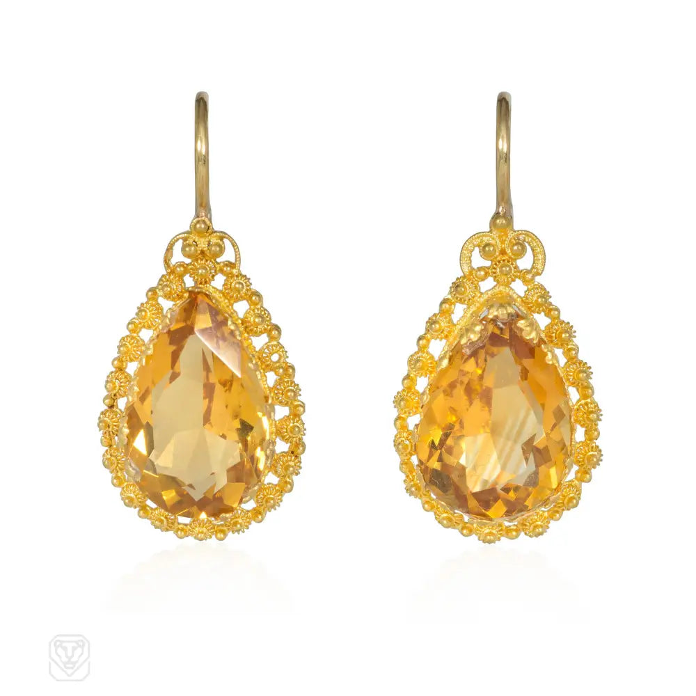 Ladies gold hoop earrings-Antique citrine and cannetille earrings