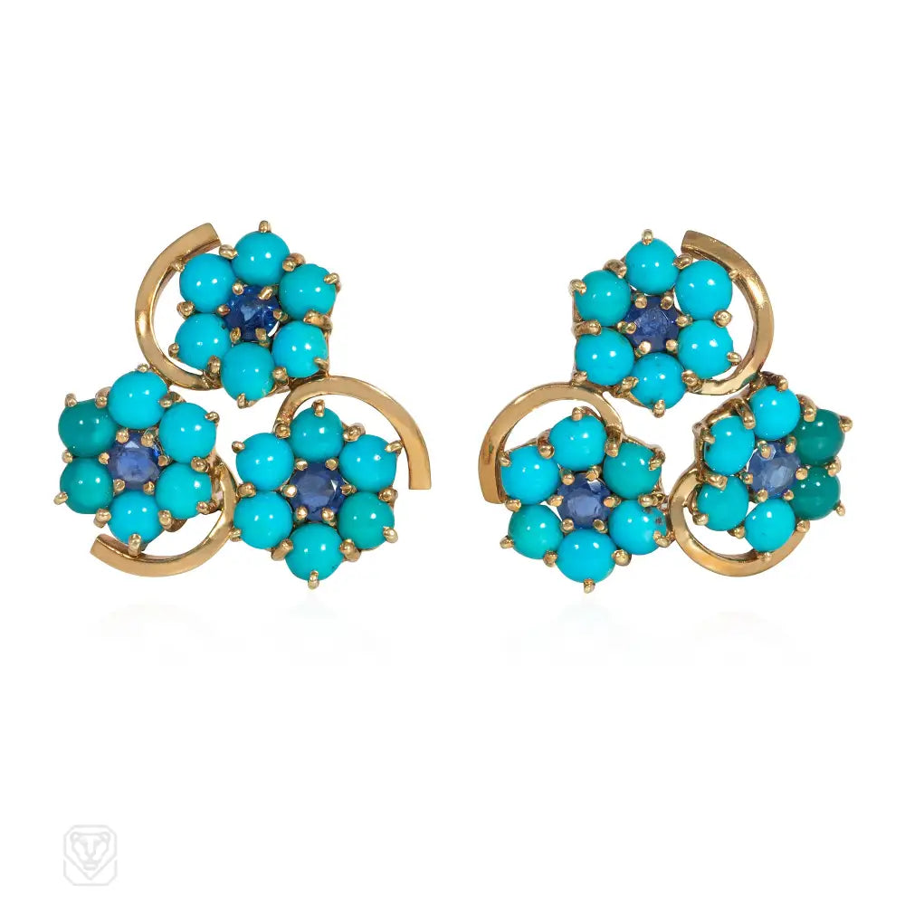 Ladies sterling silver hoop earrings-Mid-century gold, turquoise, and sapphire flower cluster earrings