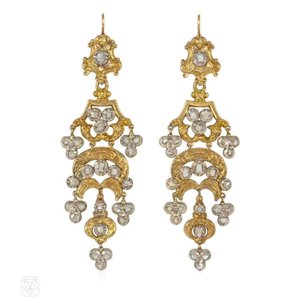 Ladies cocktail earrings-Victorian gold and diamond chandelier earrings