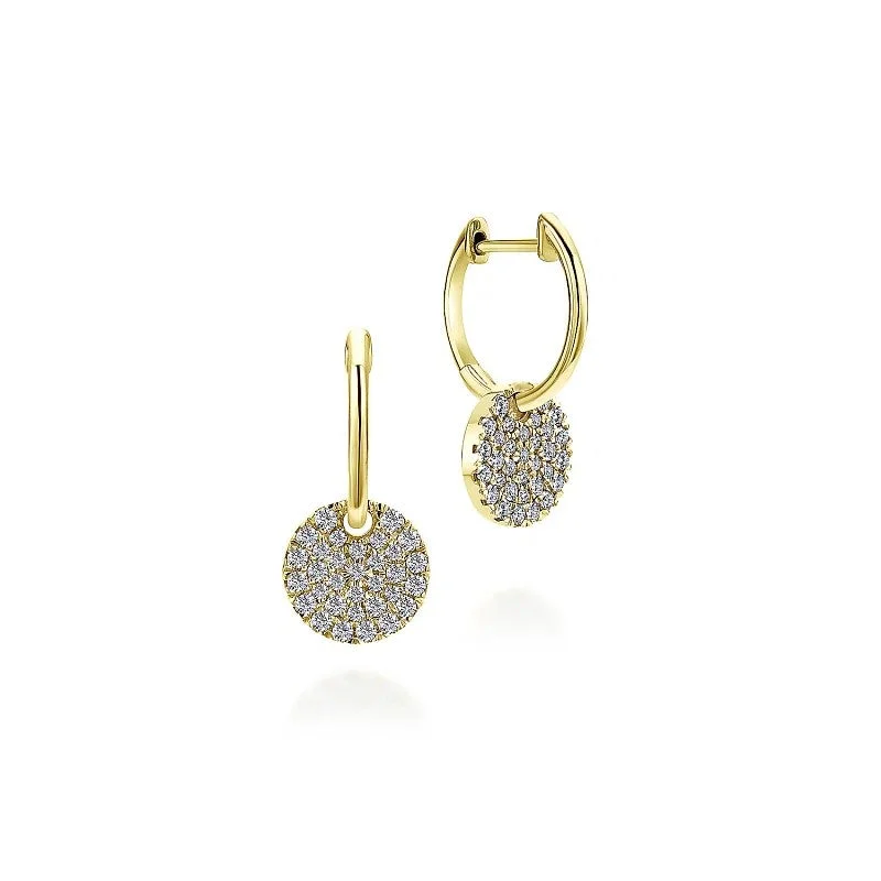 Ladies elegant earrings-14K Yellow Gold Diamond Pave Disc Drop Earrings