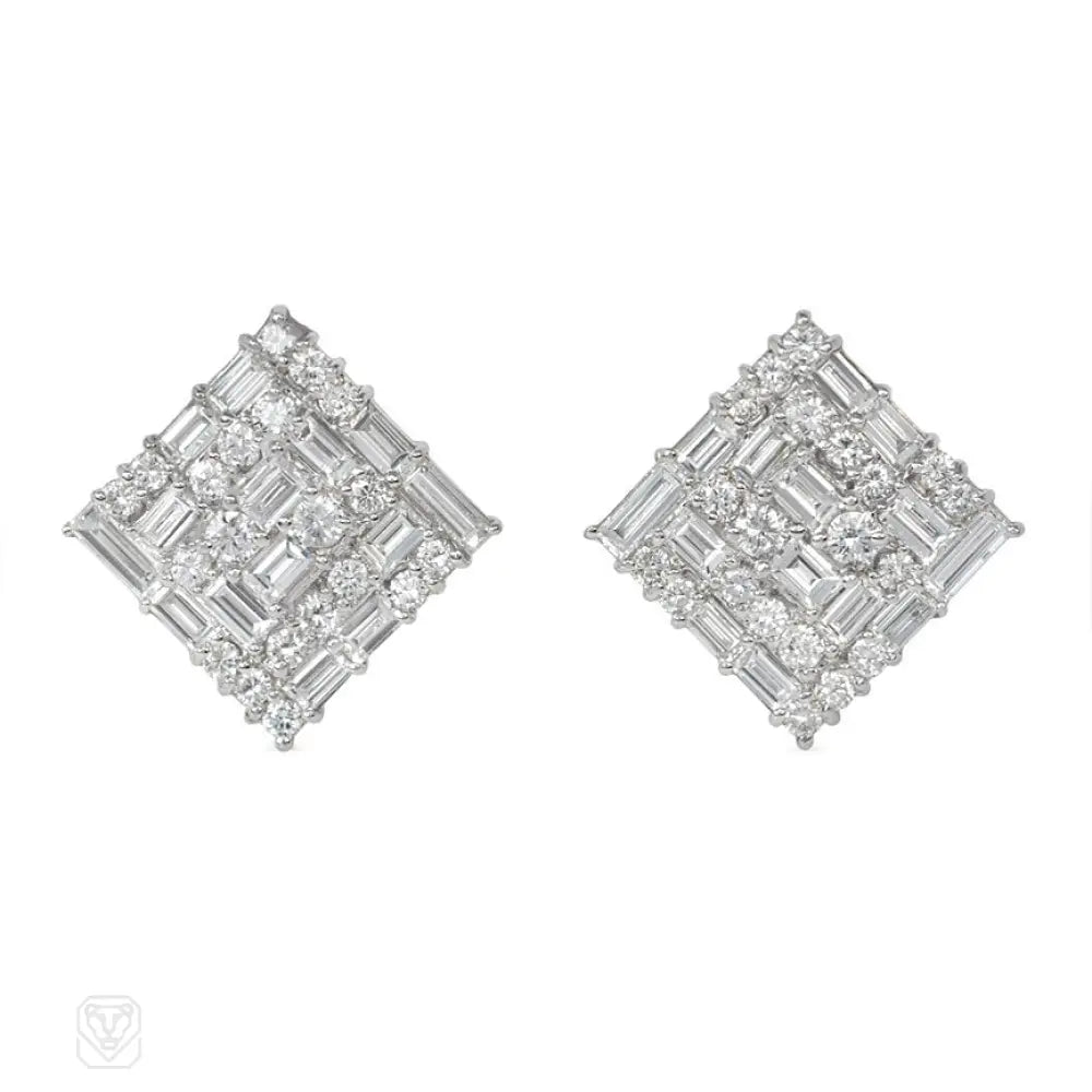 Ladies luxurious diamond earrings-Estate square-shaped diamond earrings