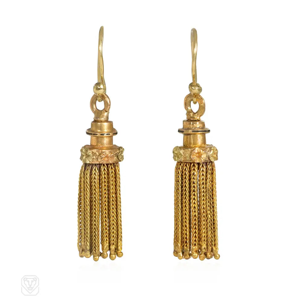 Ladies multi-colored earrings-Antique French gold foxtail chain tassel earrings