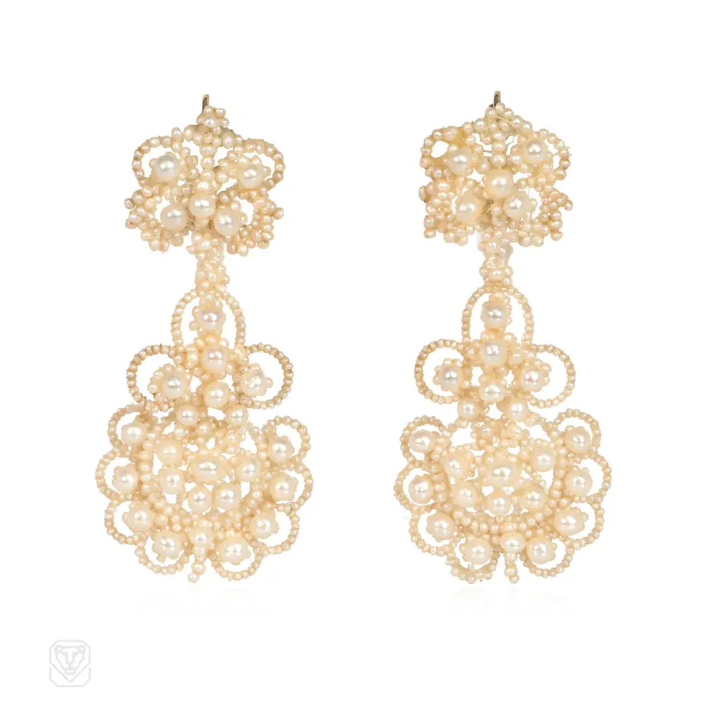 Ladies pearl earrings-Antique seed pearl chandelier earrings