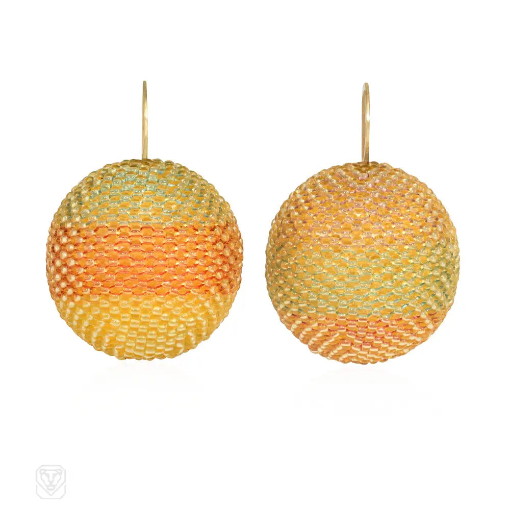 Ladies pearl stud earrings-Yellow glass beaded ball earrings with multicolored thread