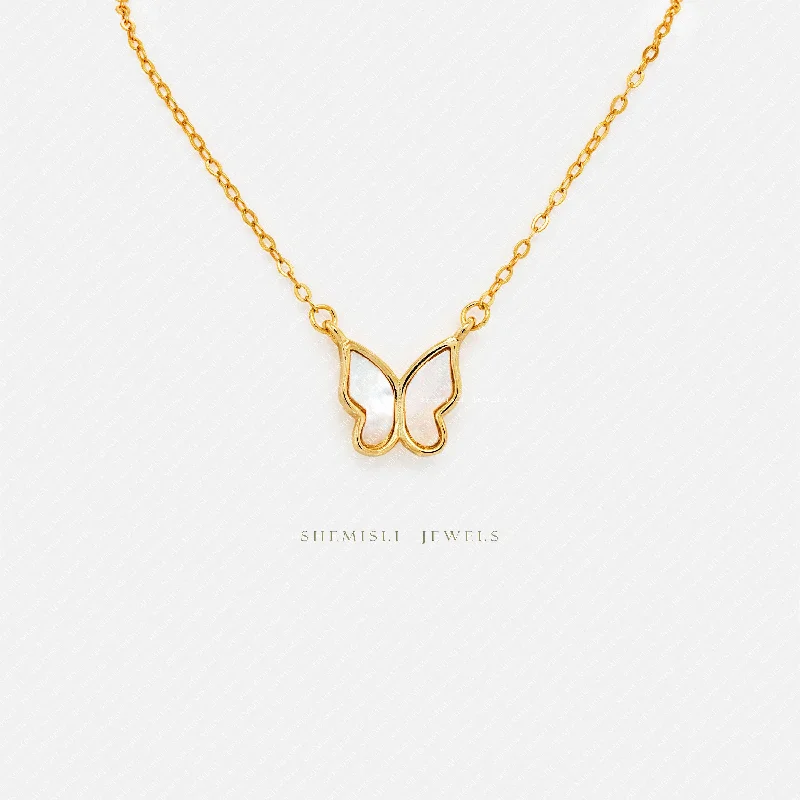 Ladies trendy necklaces-Small Mother of Pearl Butterfly Necklace, Silver or Gold Plated  (16"+2") SHEMISLI - SN020