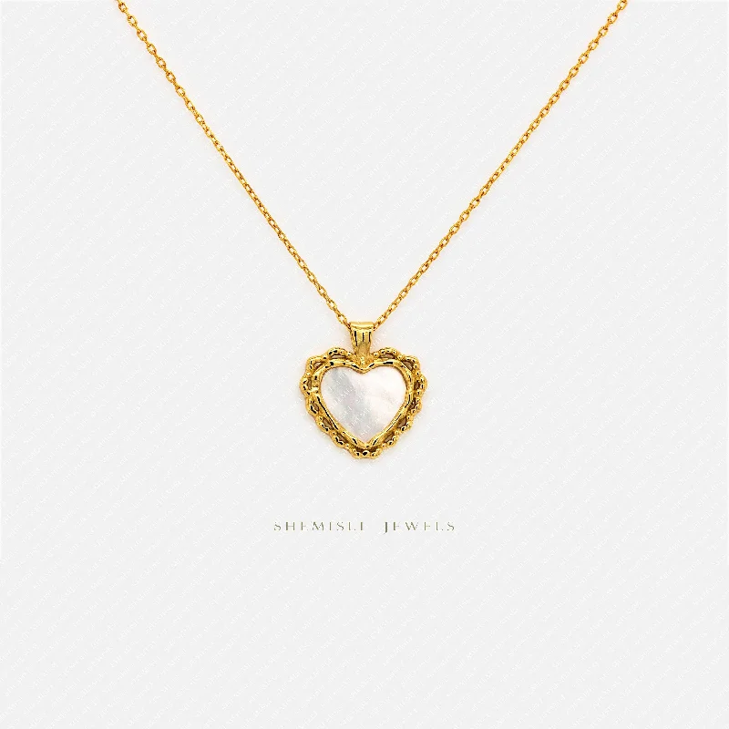 Ladies large pendant necklaces-Mother of Pearl Heart Necklace, Silver or Gold Plated  (17.75") SHEMISLI - SN036