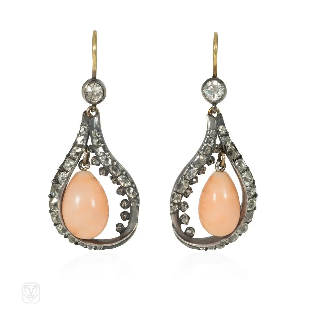 Ladies sterling silver drop earrings-Victorian angel skin coral and diamond earrings