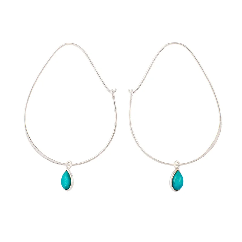 Ladies geometric earrings-Oval Turquoise Hoops in  Silver - 2 1/8" L