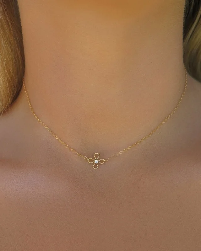 Ladies bar necklaces-White CZ Flower Necklace  - 14k Yellow Gold Fill