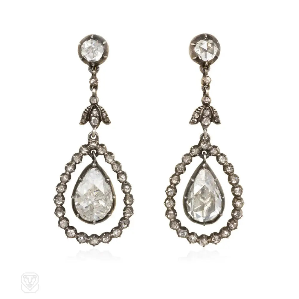 Ladies luxury earrings-Antique style diamond pendant earrings, Netherlands