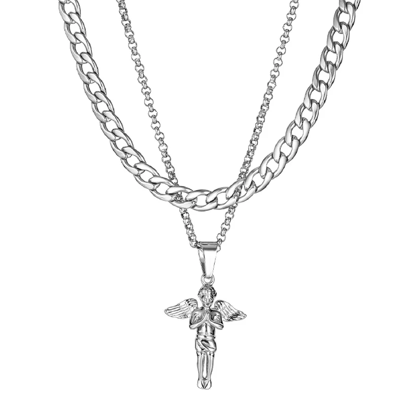 Ladies elegant pearl necklaces-Angel Double Chain Necklace | Titanium Steel